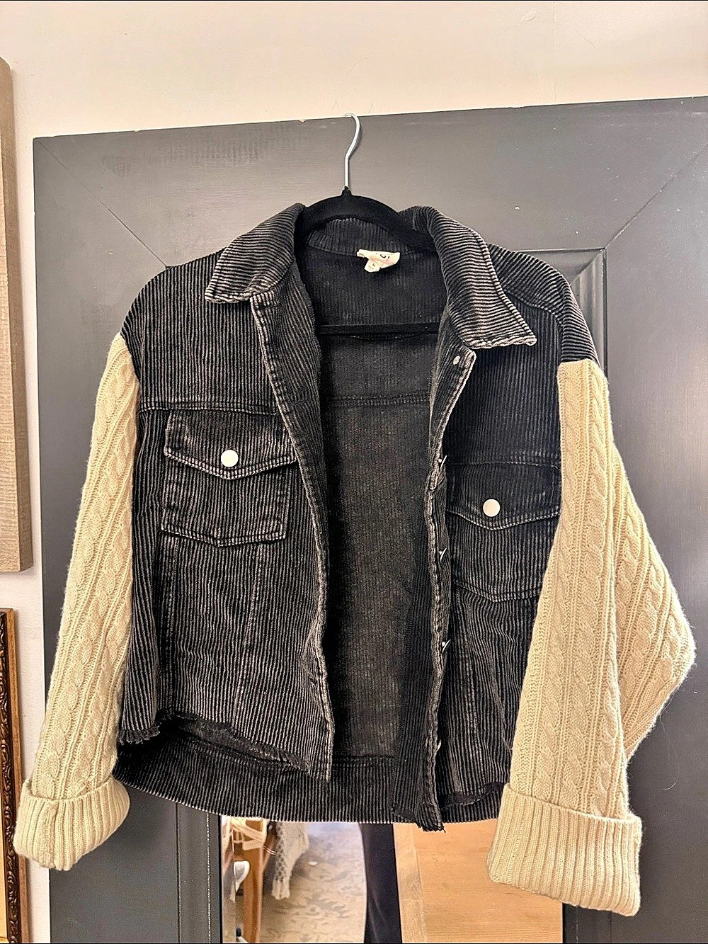 BiBi Mixed Media Corduroy Cable Knit Sleeve Cropped Jacket Medium